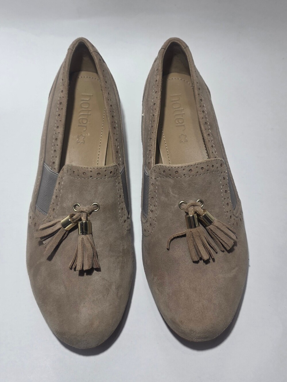 Hotter Suede Tassel Loafers Womens 7.5 Taupe Comfort Slip On Shoes